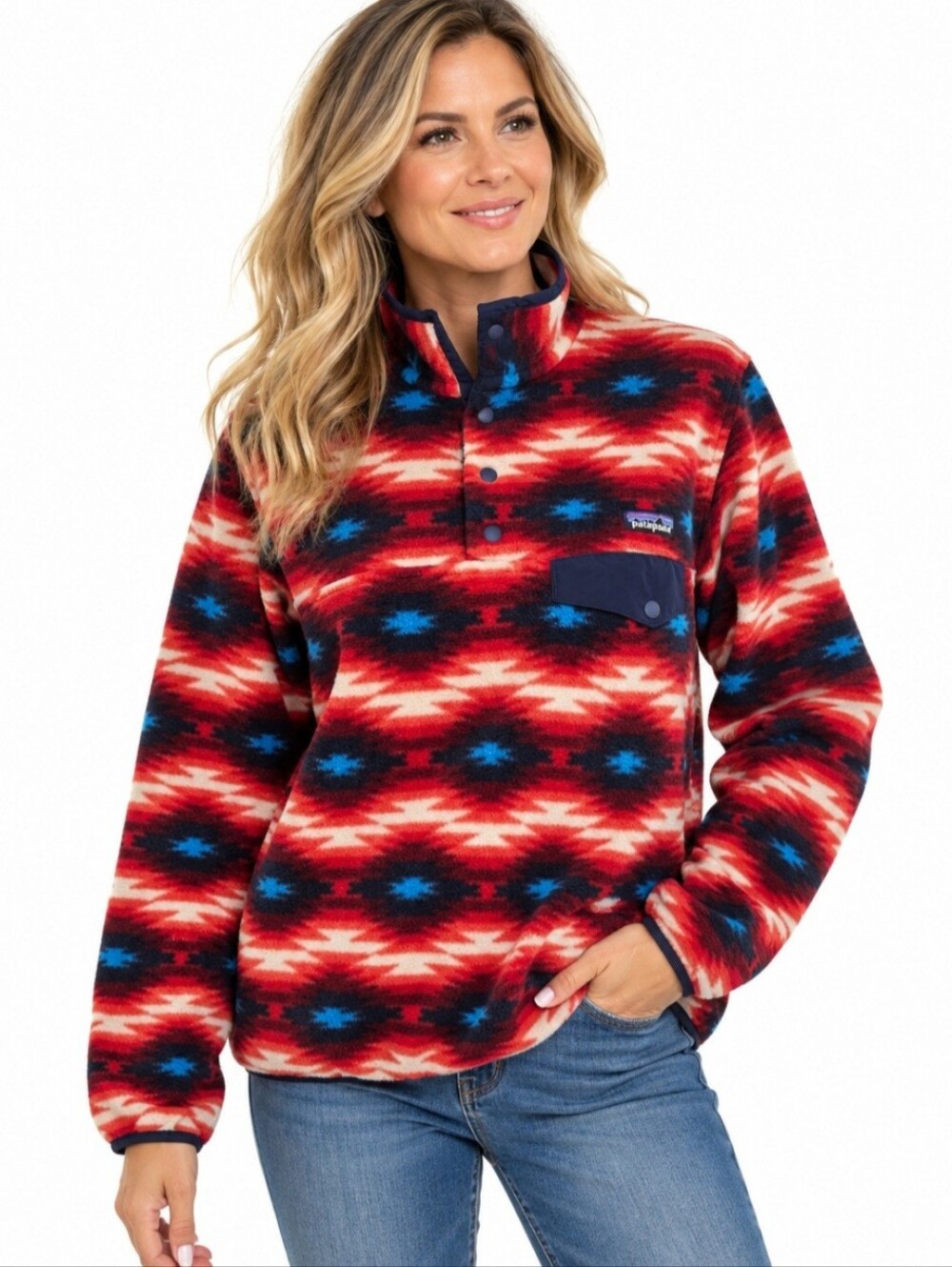 Patagonia Synchilla Snap-T Fleece Pullover Women M Red Aztec Geometric Outdoor
